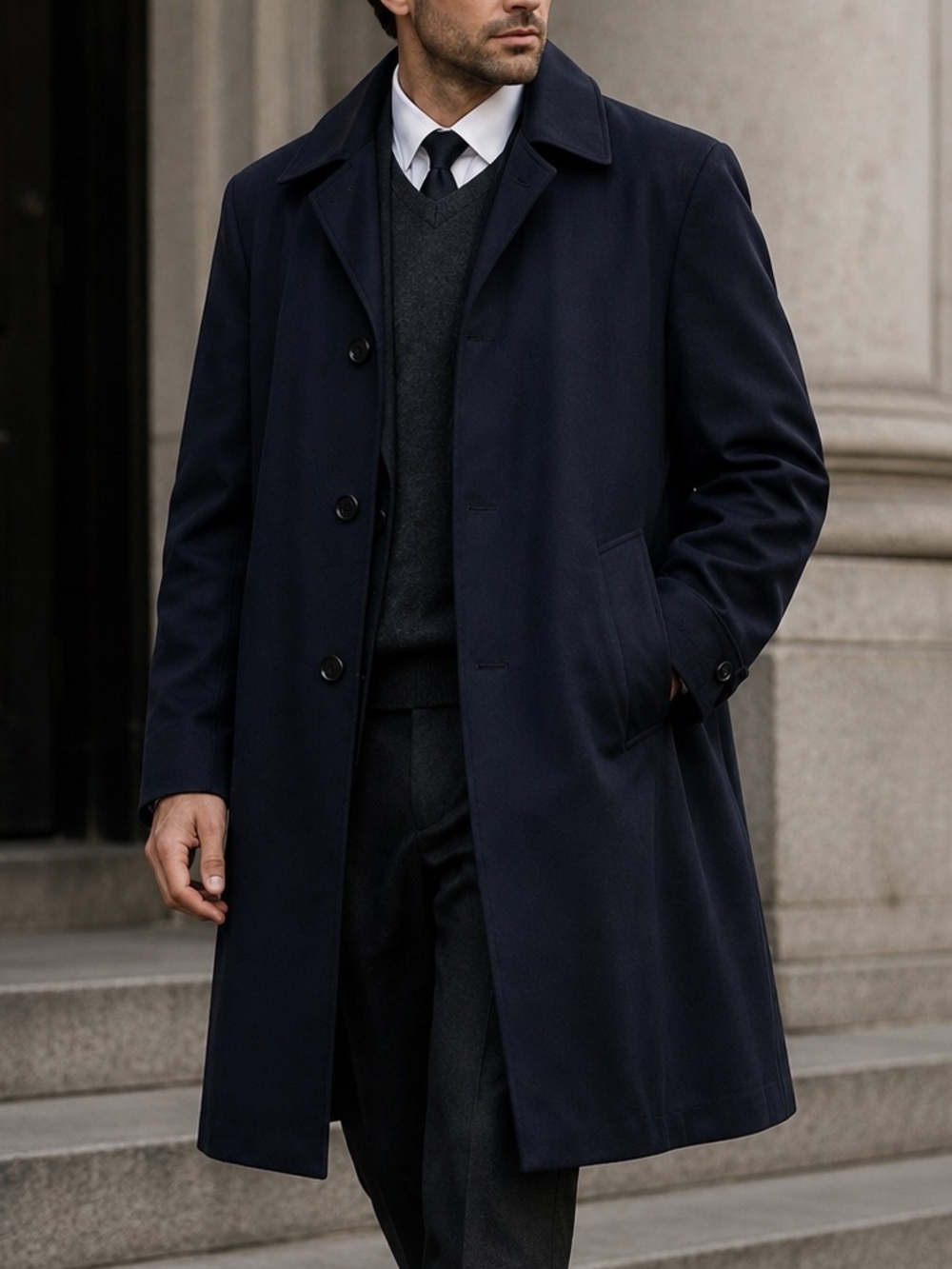 Aquascutum London Wool Trench Coat Navy Heritage Overcoat Quiet Luxury L XL